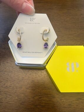 Bomb Party OG Gold Hoop Drop Earrings with Purple Teardrop Stones